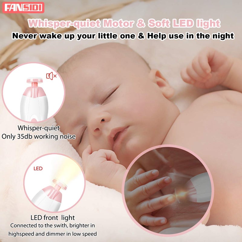 FANSIDI Baby Nail Trimmer Electric, Baby Nail File Infant Nail Clippers with 10 Grinding Pads 8 Sandpapers for Newborn Infant Toddler or Adults Toes Fingernails Care - AA Battery Operated (White/Pink) - Image 3
